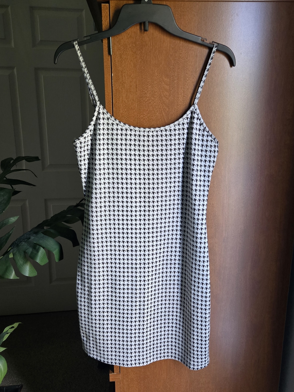 Grey & Black Houndstooth Spaghetti Strap Mini Dress